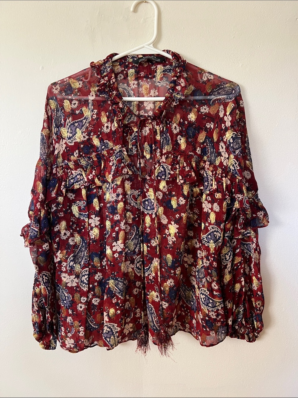 Zara Women’s Floral Paisley Ruffle Blouse in Burgundy